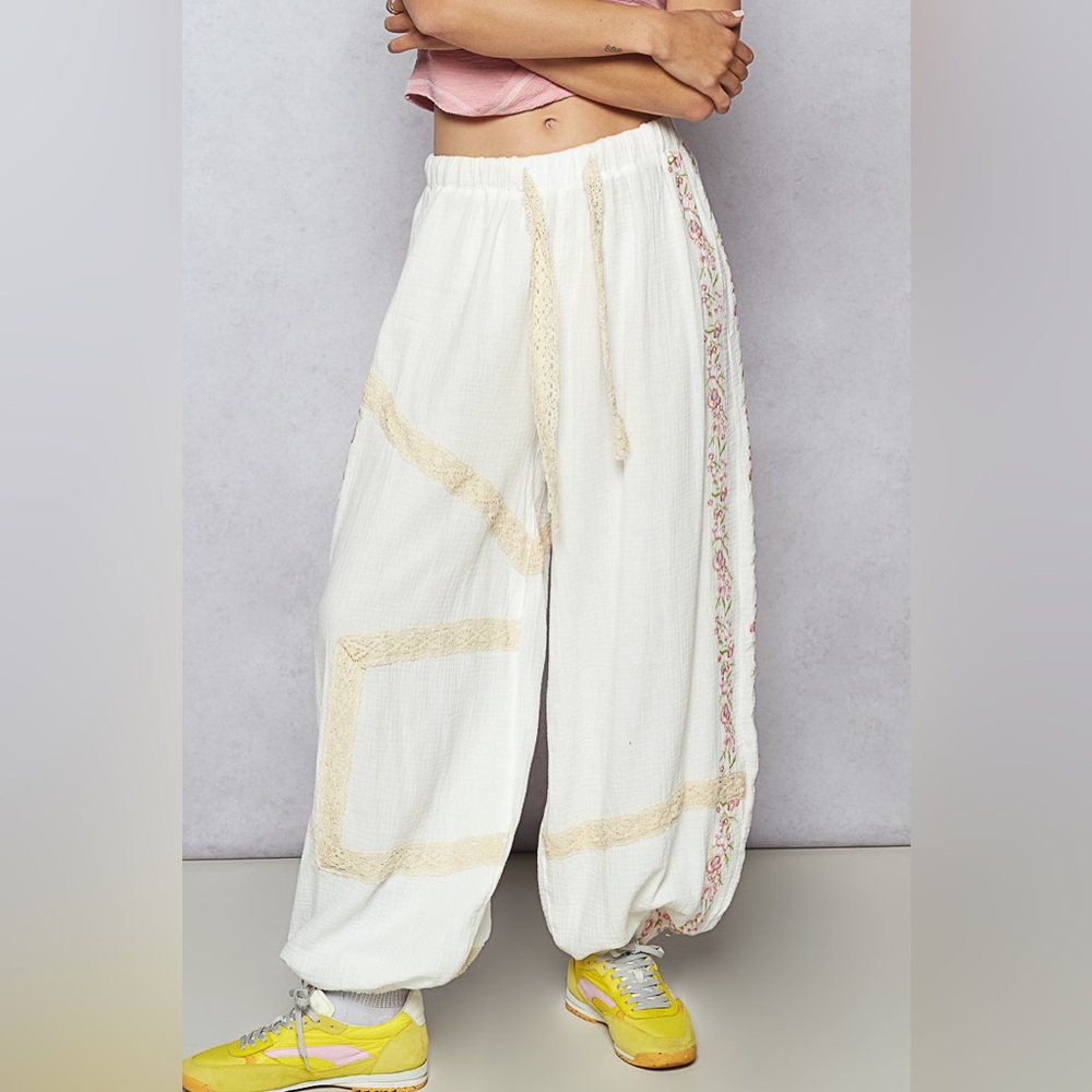 #248. SOLD Floral Embroidery Boho Joggers- Ivory